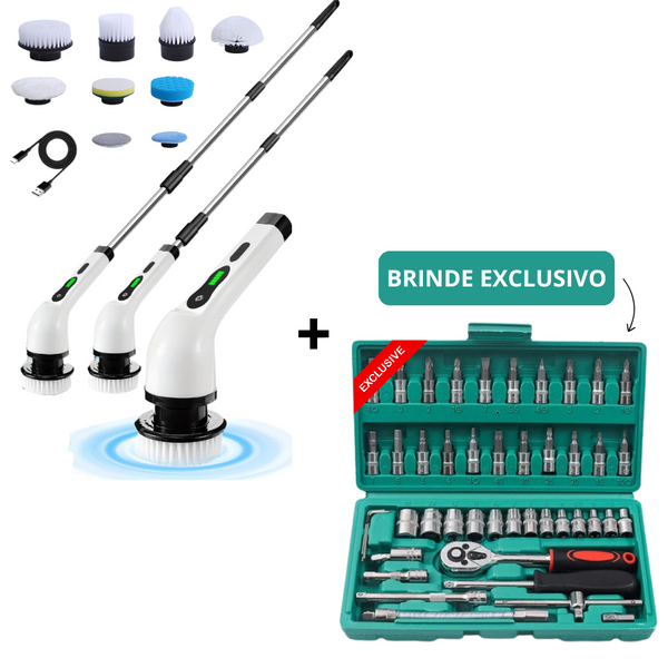 Esfregão Elétrico Sem fio Escova De Limpeza Multiuso 360 Recarregável Giratória + 40/ Peças Jogo De Chave Catraca Caixa De Ferramentas Completa Maleta